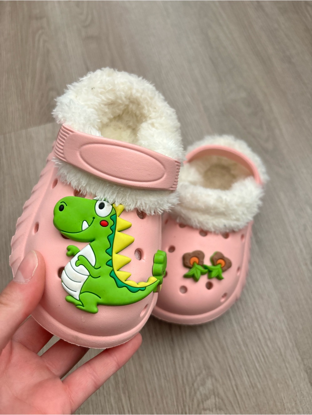 Pink Kids Fuzzy Lined Clog with Green Dinosaur Charm